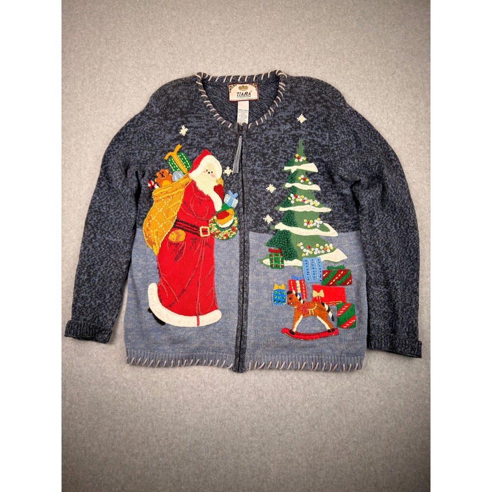 Tiara International Christmas Sweater Womens Small Full Zip Santa Tree Vintage